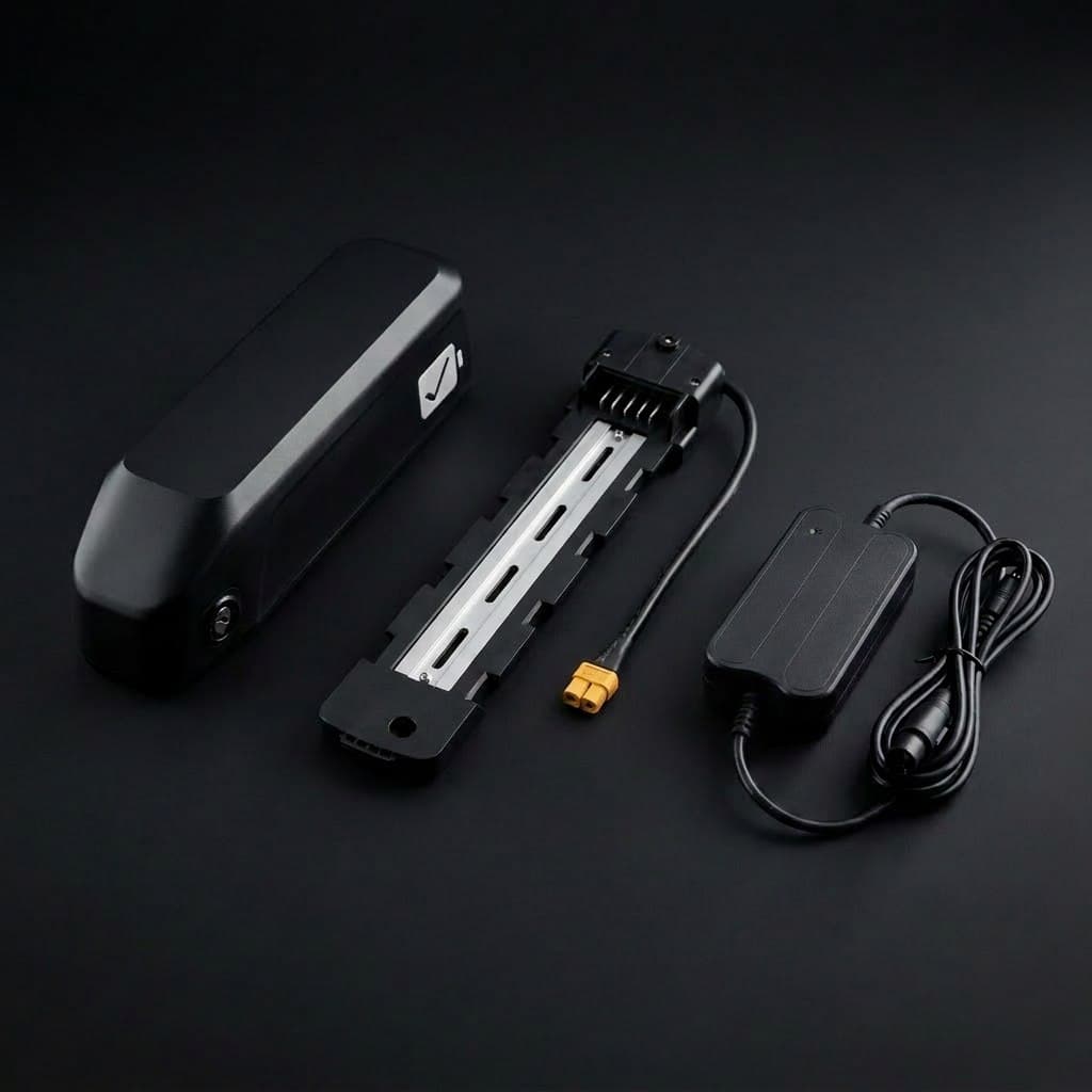 The full battery kit: pack, smart charger, cradle, and adapter